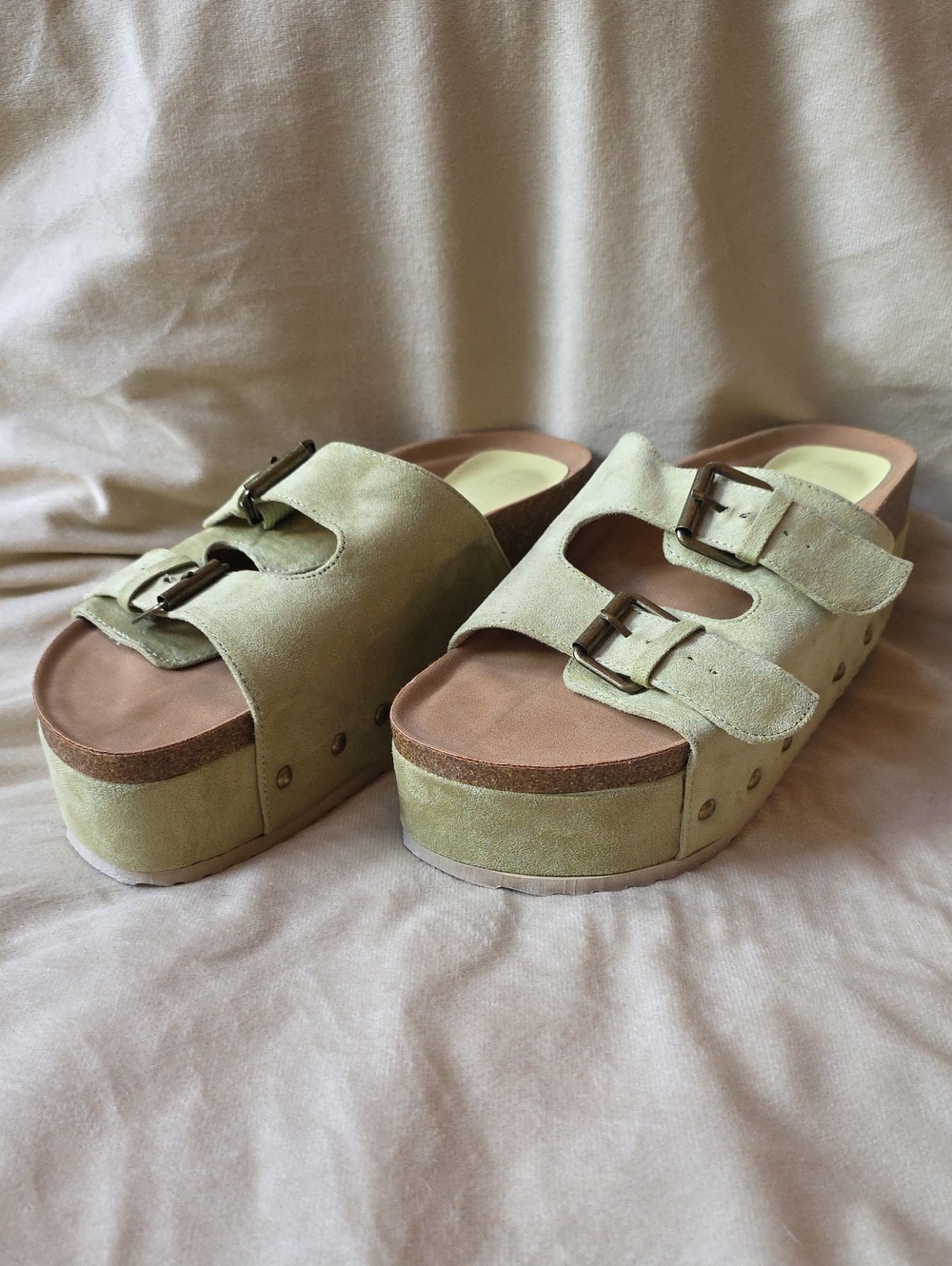 Women’s Olive Green Suede Platform Slide Sandals with Buckles